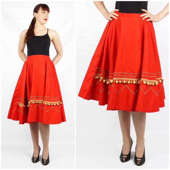 Vintage 1950s Red Beaded Zig Zag Pom-pom Circle Skirt by Capitol of Boston | Med - Picture 1 of 10